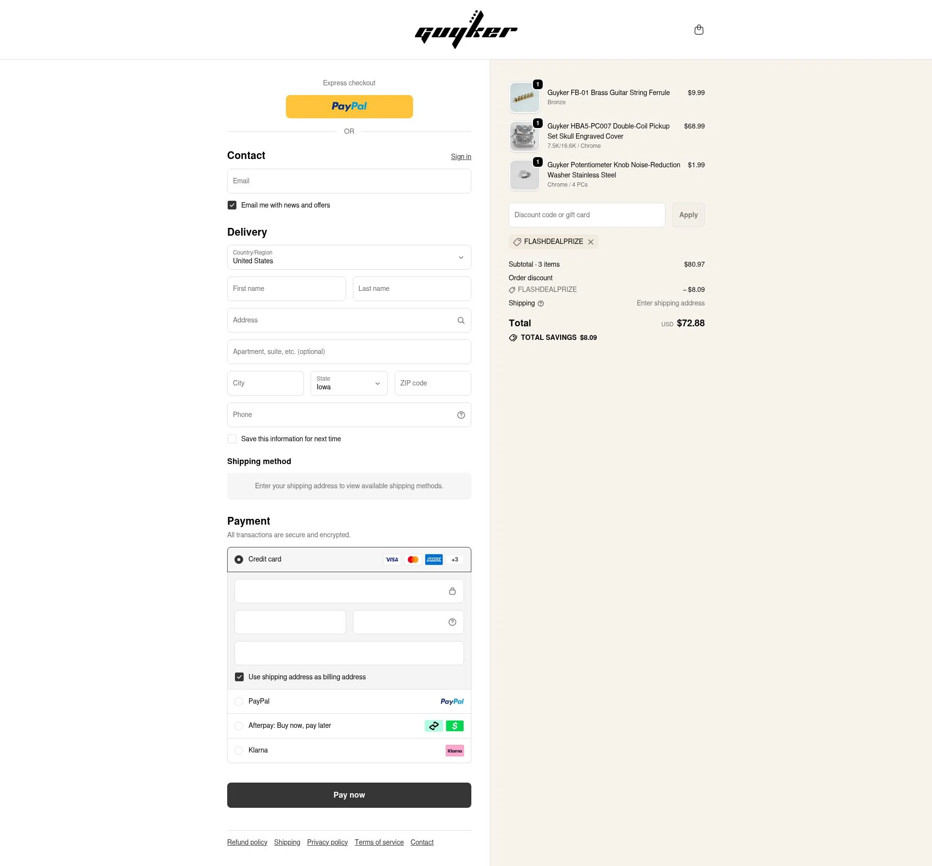 Guyker checkout page showing Guyker discount code box | Screenshot taken by SimplyCodes community member on Feb 5, 2026