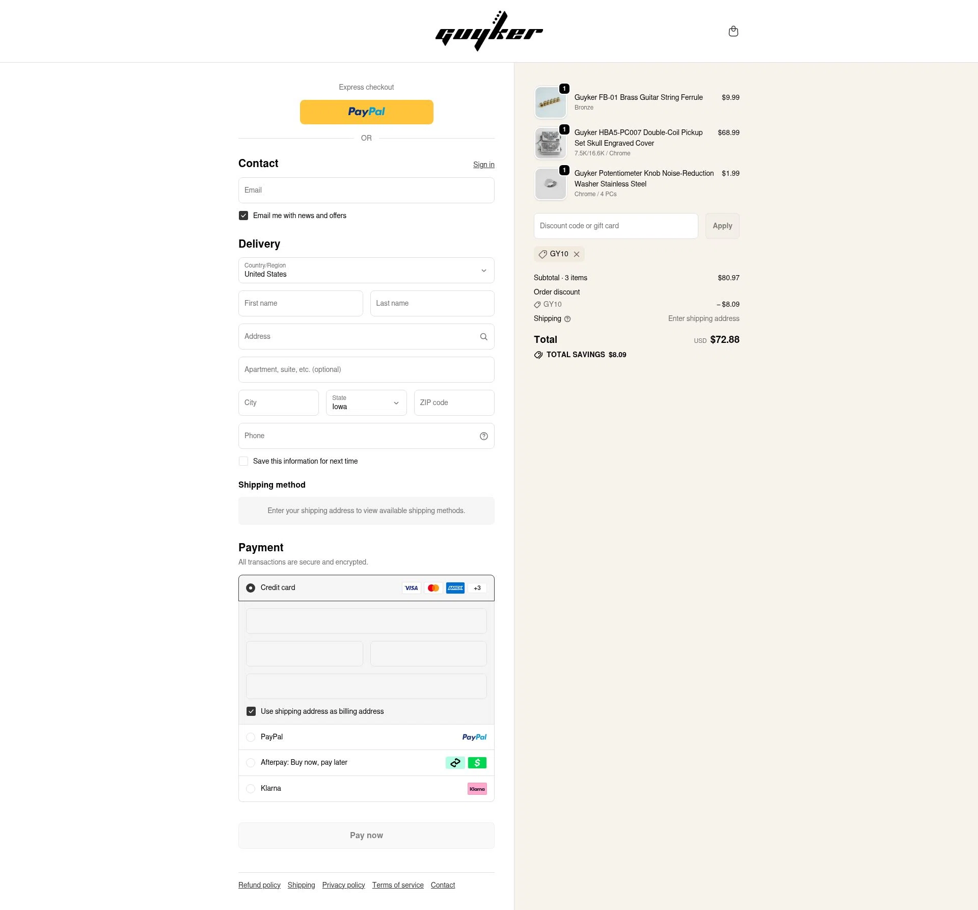 Guyker checkout page showing Guyker discount code box | Screenshot taken by SimplyCodes community member on Feb 5, 2026