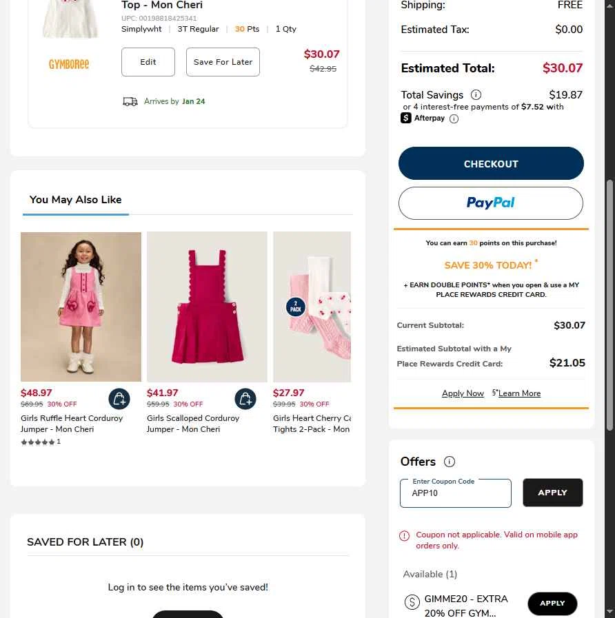 Gymboree checkout page showing Gymboree coupon code box | Screenshot taken by SimplyCodes community member on Jan 16, 2026