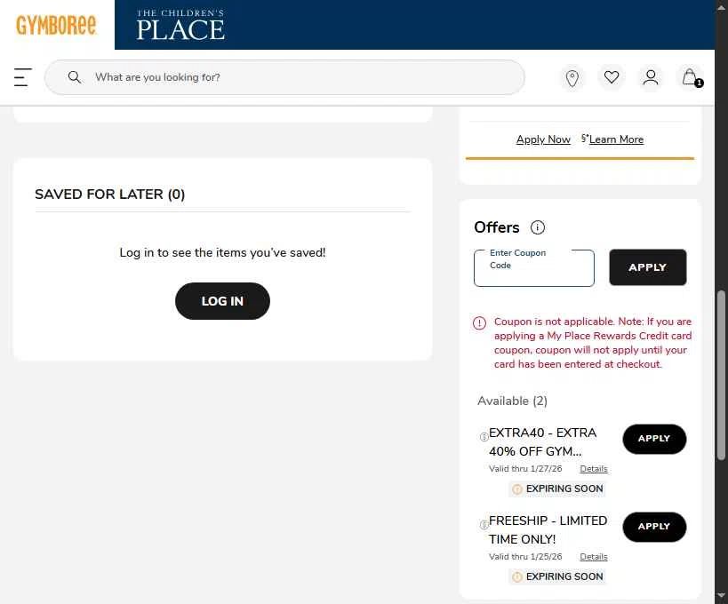 Gymboree checkout page showing Gymboree coupon code box | Screenshot taken by SimplyCodes community member on Jan 25, 2026