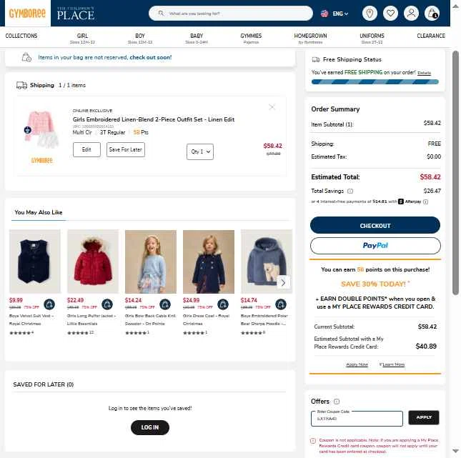 Gymboree checkout page showing Gymboree coupon code box | Screenshot taken by SimplyCodes community member on Feb 1, 2026