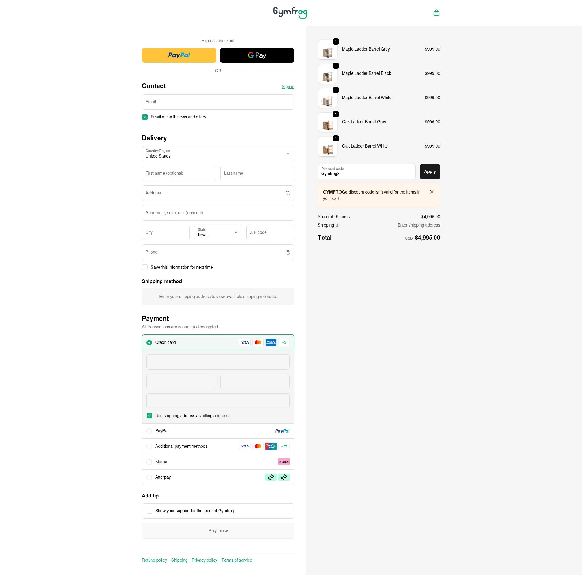 Gymfrog checkout page showing Gymfrog promo code box | Screenshot taken by SimplyCodes community member on Nov 29, 2025