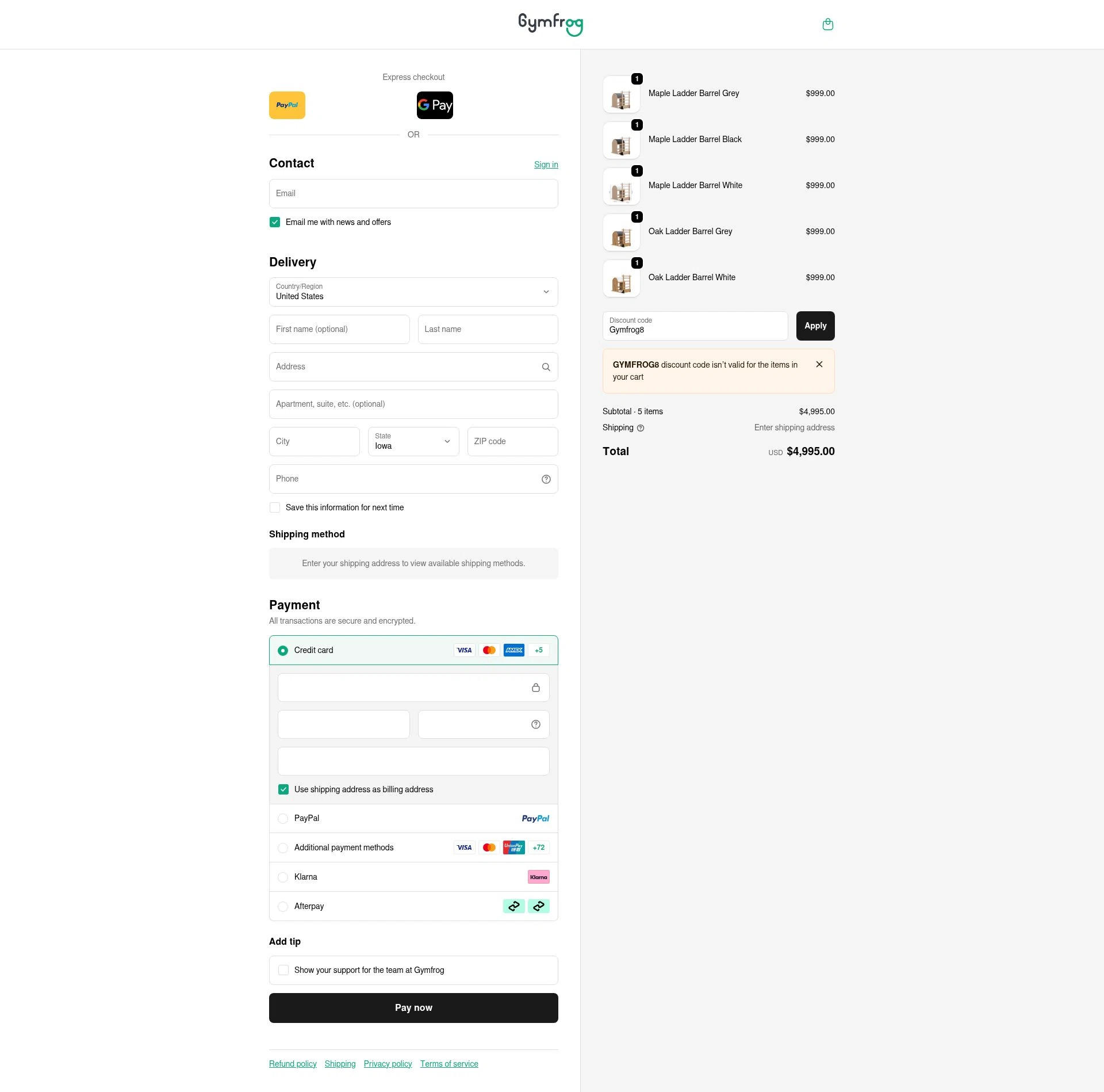 Gymfrog checkout page showing Gymfrog promo code box | Screenshot taken by SimplyCodes community member on Nov 19, 2025