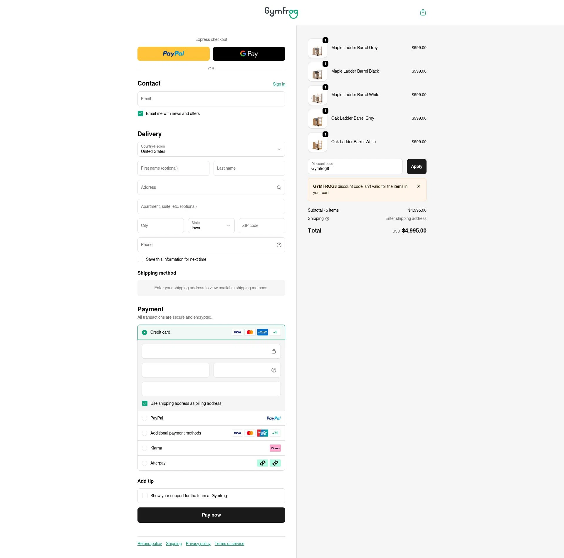Gymfrog checkout page showing Gymfrog promo code box | Screenshot taken by SimplyCodes community member on Nov 14, 2025