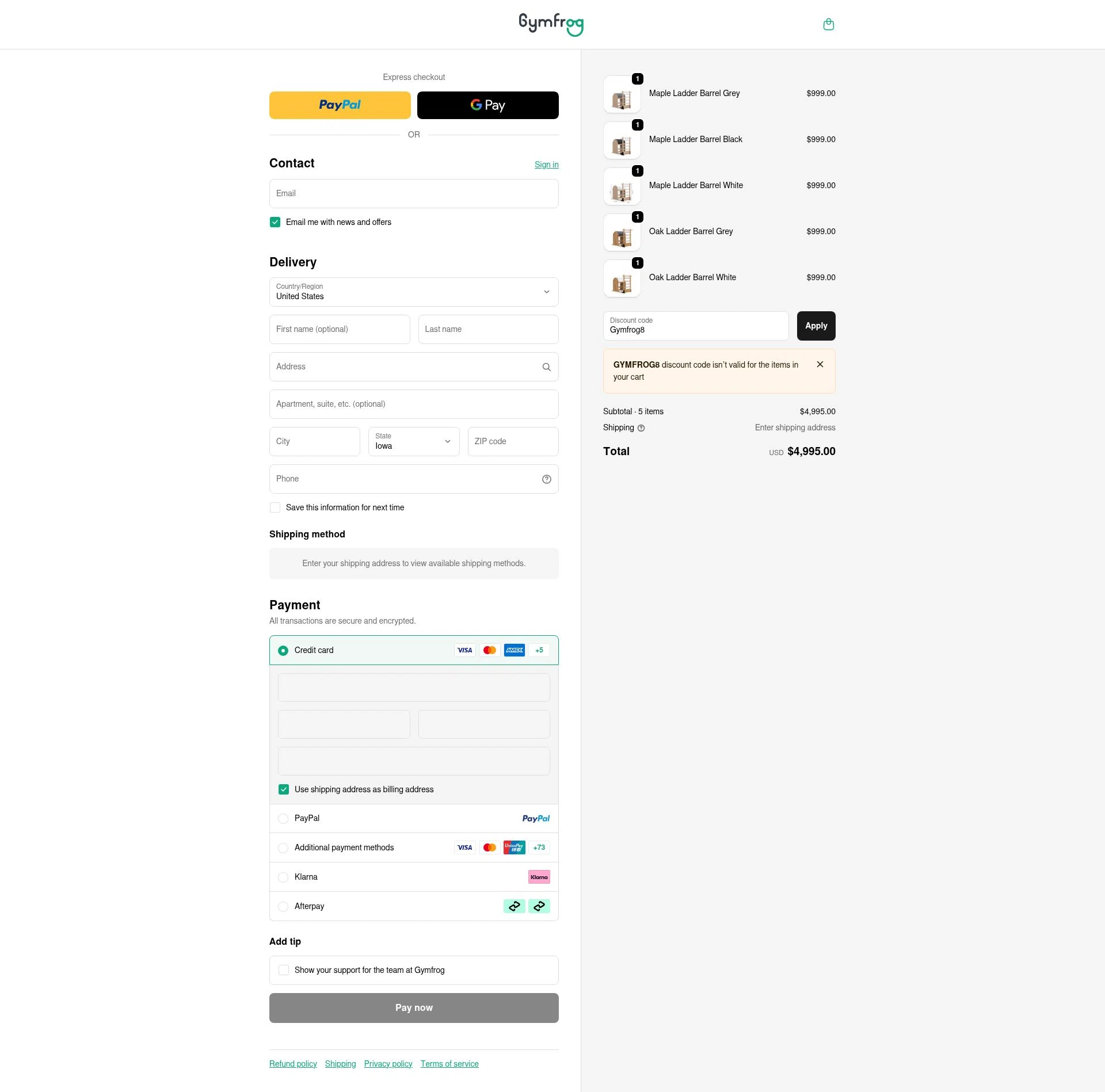 Gymfrog checkout page showing Gymfrog promo code box | Screenshot taken by SimplyCodes community member on Dec 10, 2025