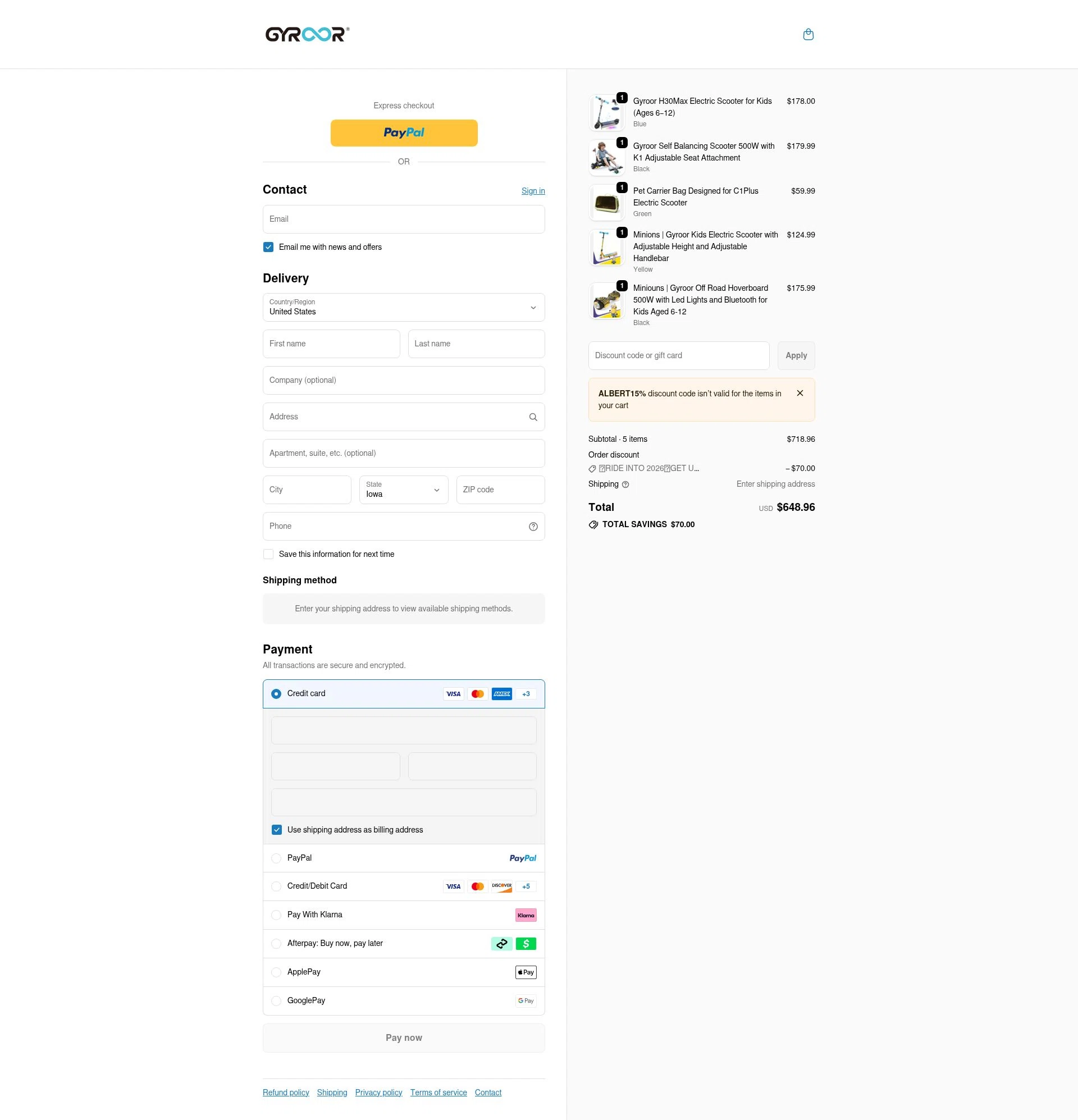 Gyroor Board checkout page showing Gyroor Board promo code box | Screenshot taken by SimplyCodes community member on Jan 11, 2026