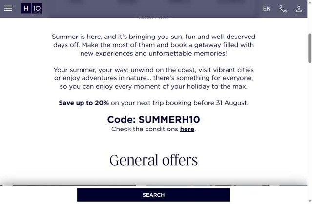 H10 Hotels checkout page showing H10 Hotels coupon code box | Screenshot taken by SimplyCodes community member on Aug 22, 2025