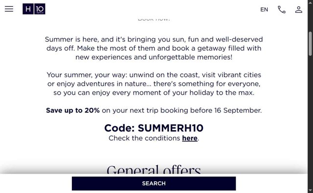 H10 Hotels checkout page showing H10 Hotels coupon code box | Screenshot taken by SimplyCodes community member on Sep 1, 2025