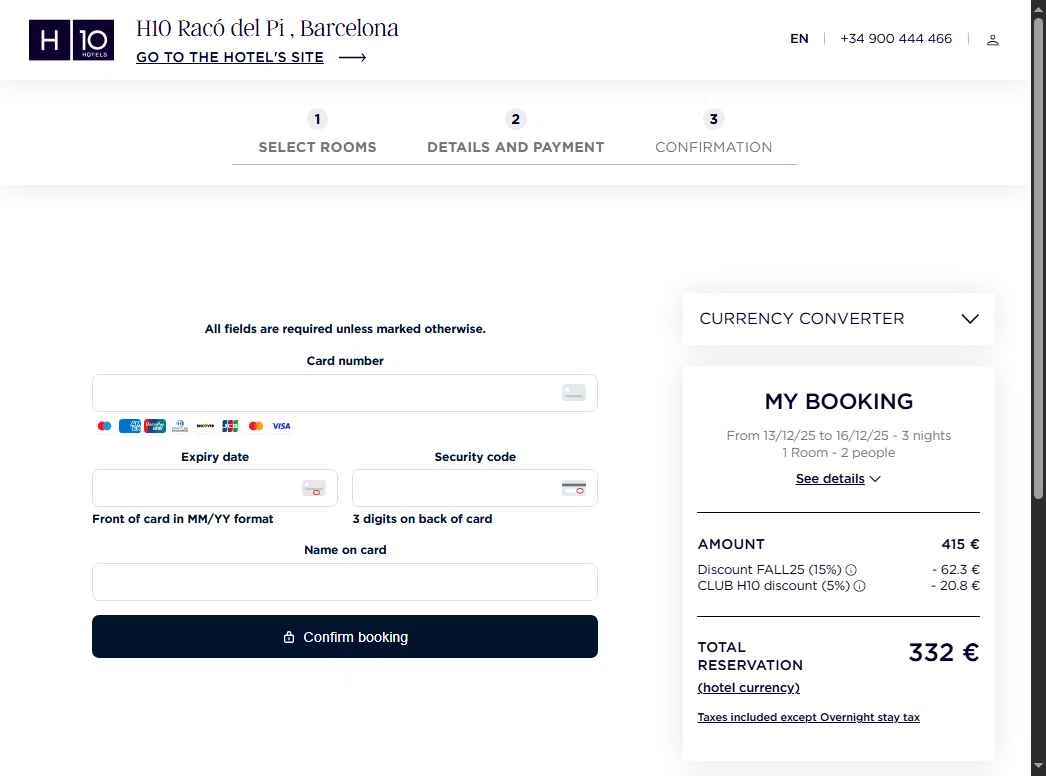 H10 Hotels checkout page showing H10 Hotels coupon code box | Screenshot taken by SimplyCodes community member on Dec 13, 2025