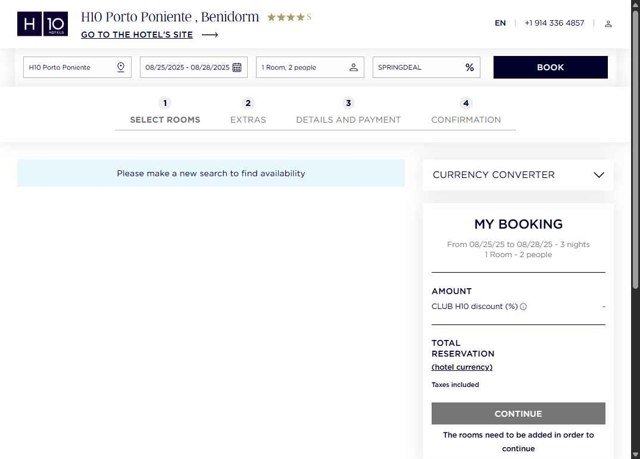 H10 Hotels checkout page showing H10 Hotels coupon code box | Screenshot taken by SimplyCodes community member on Aug 26, 2025