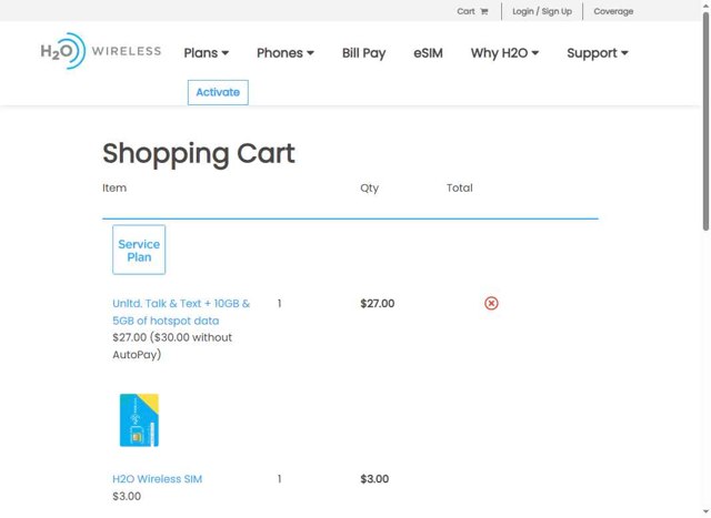 H2O Wireless checkout page showing H2O Wireless promo code box | Screenshot taken by SimplyCodes community member on Jul 18, 2025