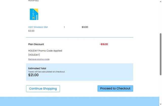 H2O Wireless checkout page showing H2O Wireless promo code box | Screenshot taken by SimplyCodes community member on Jul 18, 2025
