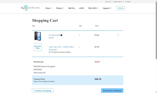 H2O Wireless checkout page showing H2O Wireless promo code box | Screenshot taken by SimplyCodes community member on Jul 18, 2025