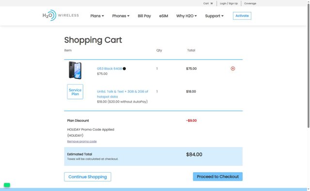H2O Wireless checkout page showing H2O Wireless promo code box | Screenshot taken by SimplyCodes community member on Jul 18, 2025