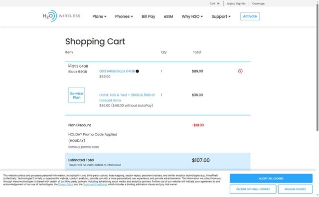 H2O Wireless checkout page showing H2O Wireless promo code box | Screenshot taken by SimplyCodes community member on Jul 18, 2025