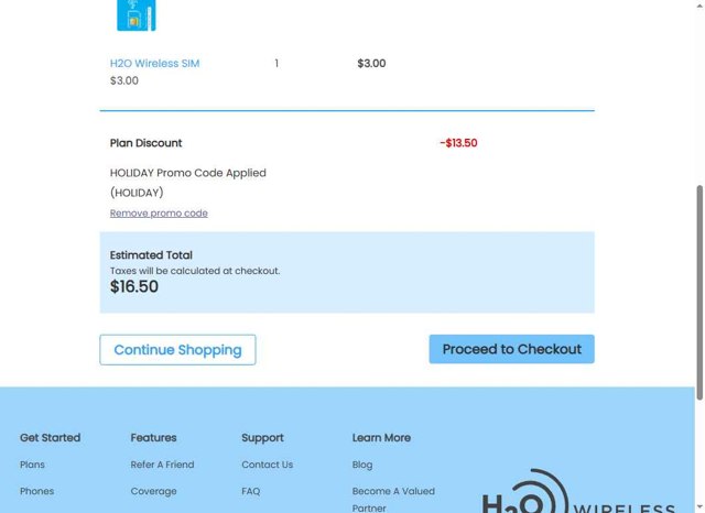 H2O Wireless checkout page showing H2O Wireless promo code box | Screenshot taken by SimplyCodes community member on Jul 18, 2025