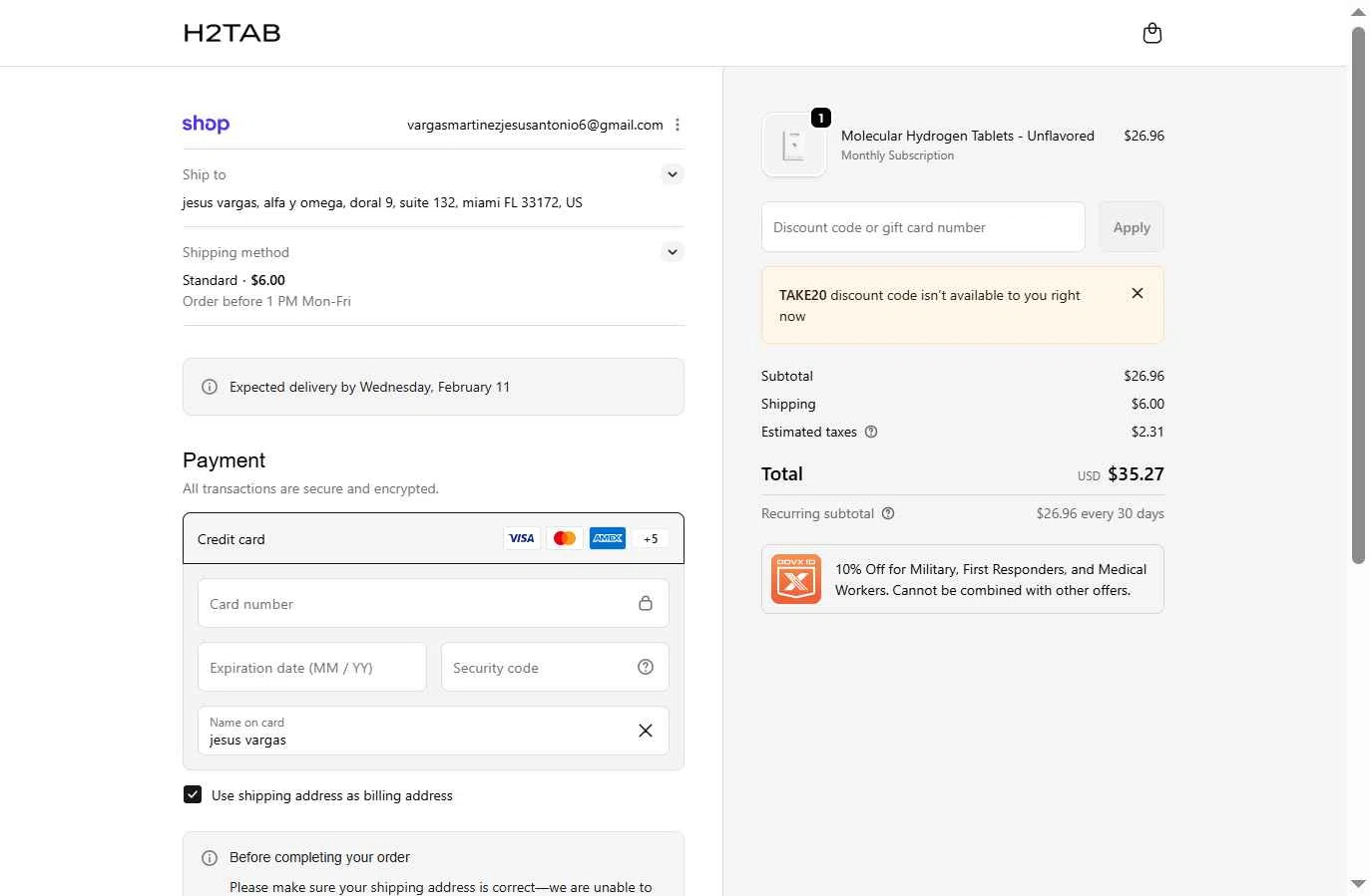 H2Tab checkout page showing H2Tab discount code box | Screenshot taken by SimplyCodes community member on Feb 5, 2026