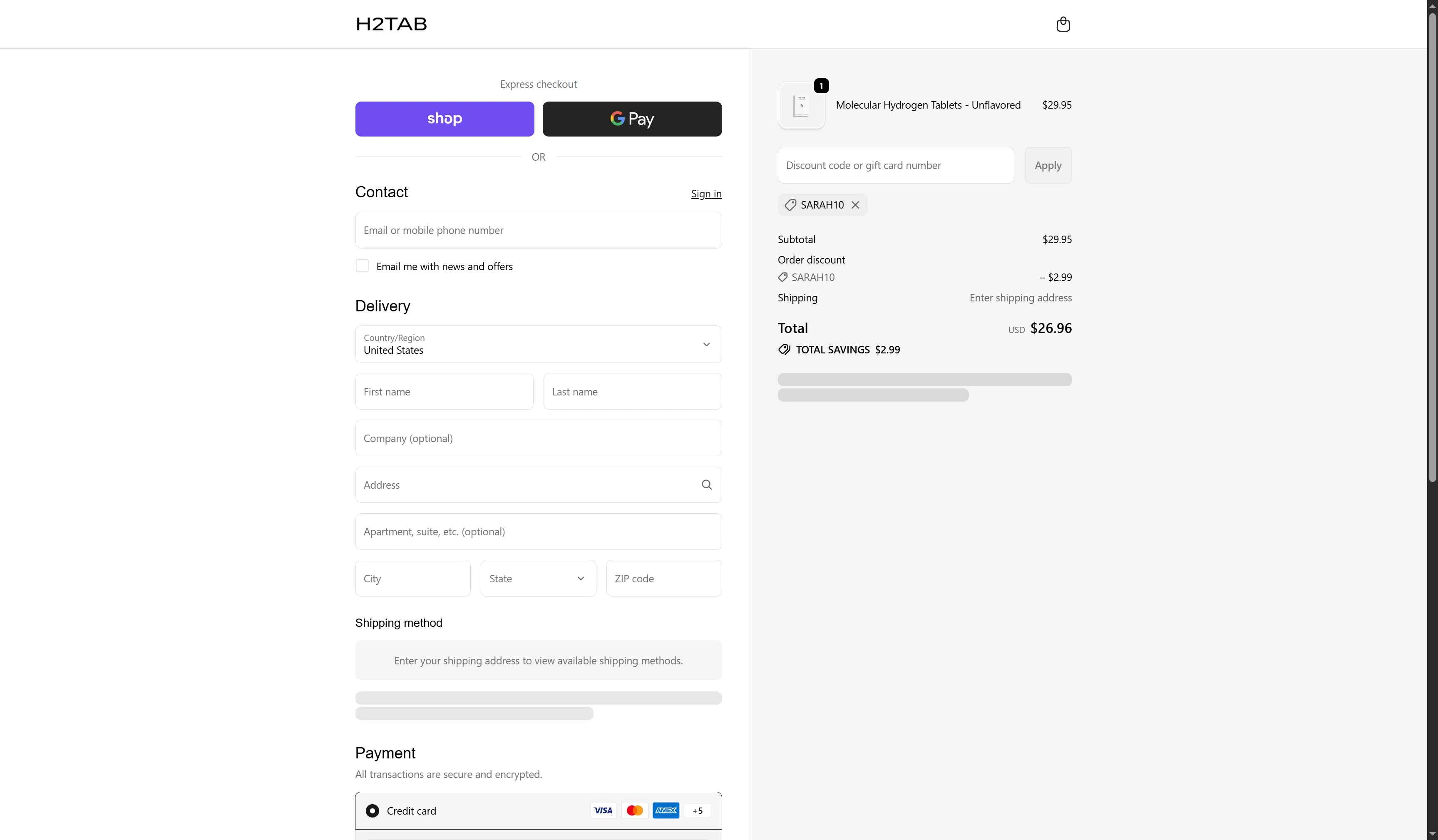 H2Tab checkout page showing H2Tab discount code box | Screenshot taken by SimplyCodes community member on Feb 6, 2026