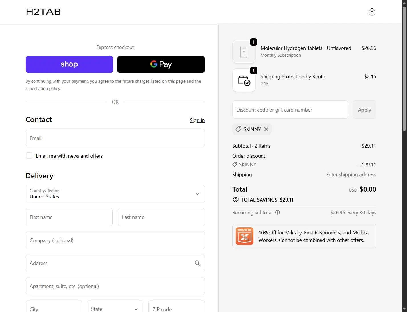 H2Tab checkout page showing H2Tab discount code box | Screenshot taken by SimplyCodes community member on Jan 15, 2026