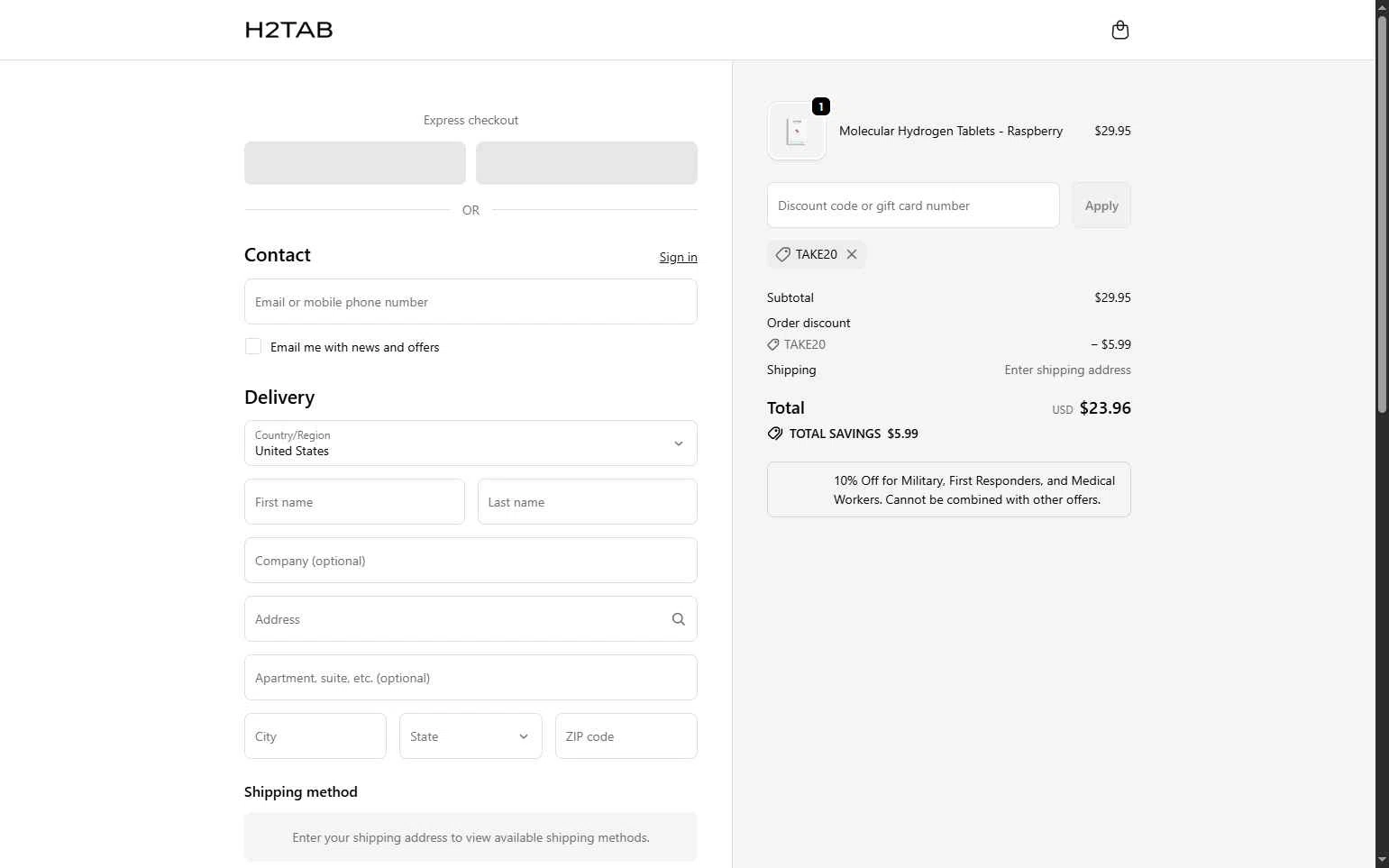 H2Tab checkout page showing H2Tab discount code box | Screenshot taken by SimplyCodes community member on Jan 15, 2026