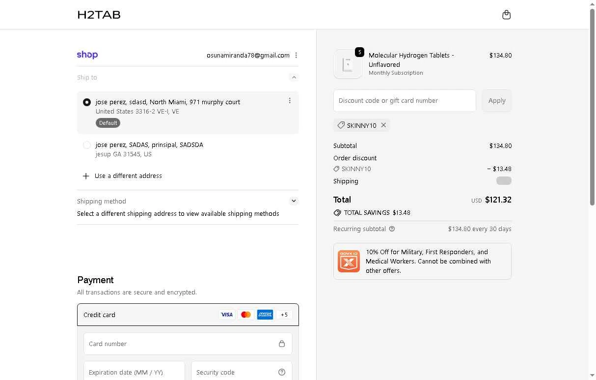 H2Tab checkout page showing H2Tab discount code box | Screenshot taken by SimplyCodes community member on Jan 28, 2026