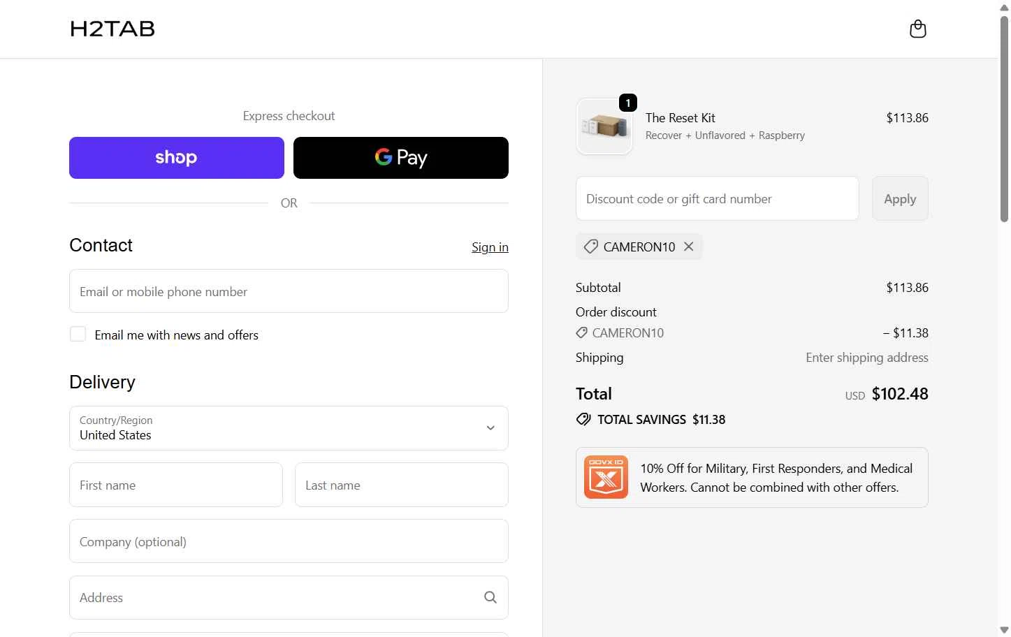 H2Tab checkout page showing H2Tab discount code box | Screenshot taken by SimplyCodes community member on Jan 30, 2026
