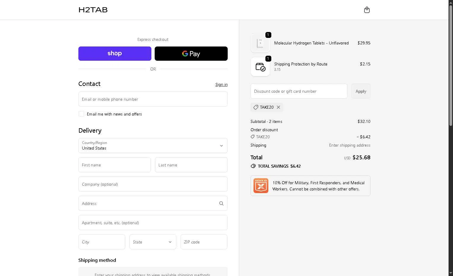 H2Tab checkout page showing H2Tab discount code box | Screenshot taken by SimplyCodes community member on Jan 11, 2026