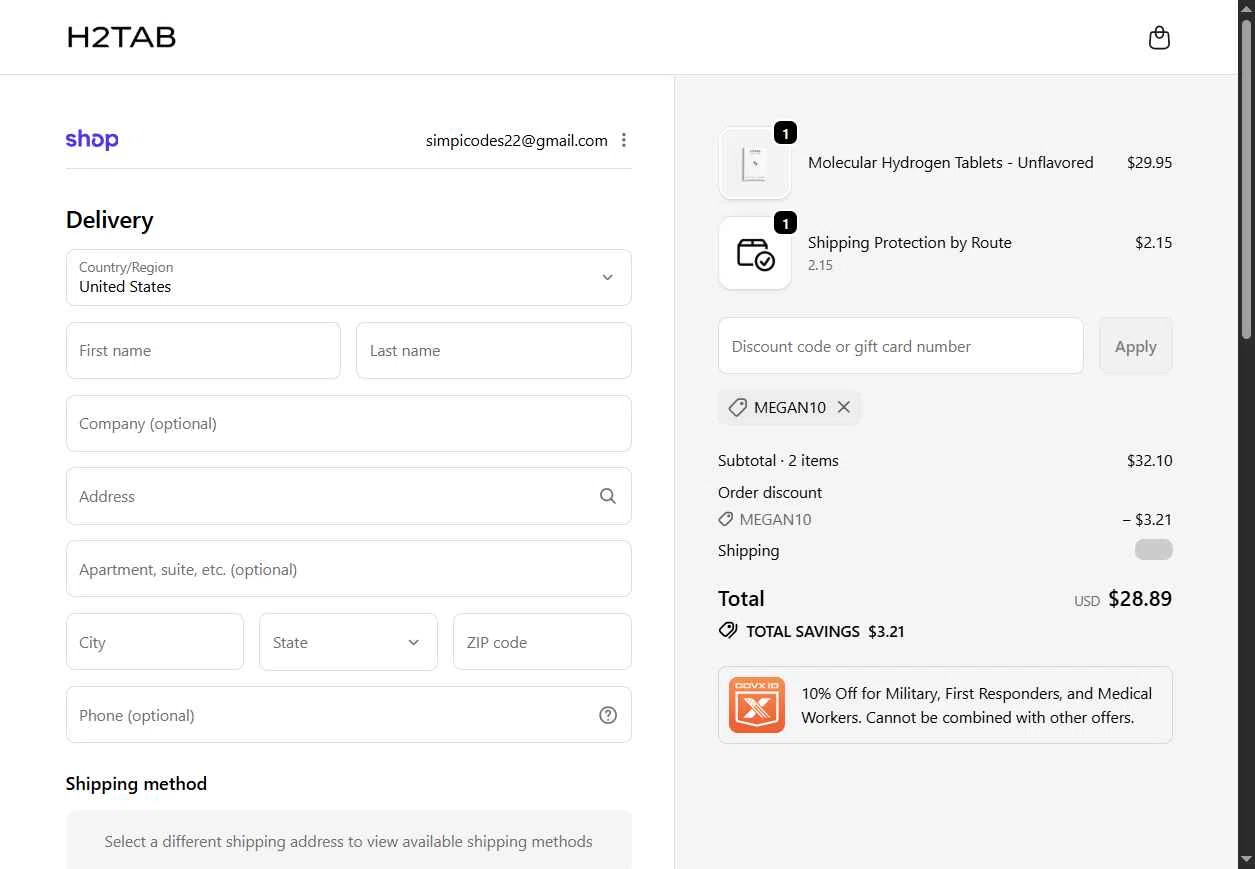 H2Tab checkout page showing H2Tab discount code box | Screenshot taken by SimplyCodes community member on Jan 19, 2026