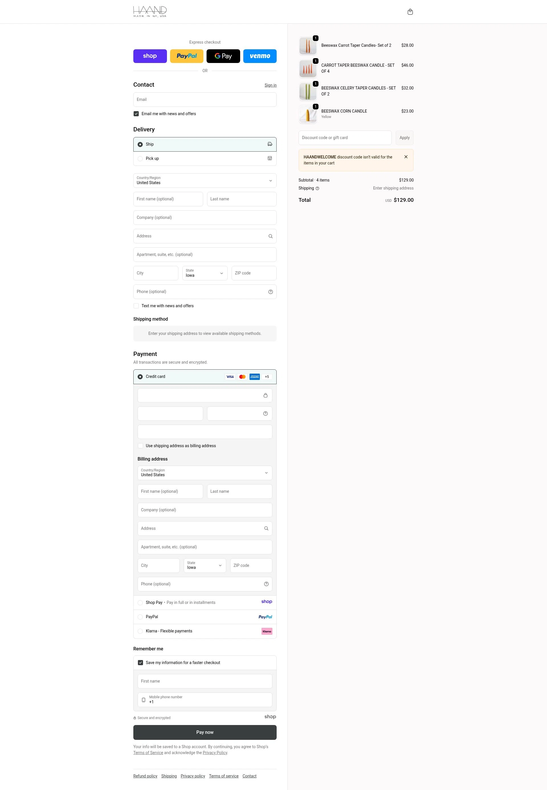 Haand checkout page showing Haand promo code box | Screenshot taken by SimplyCodes community member on Jan 1, 2026