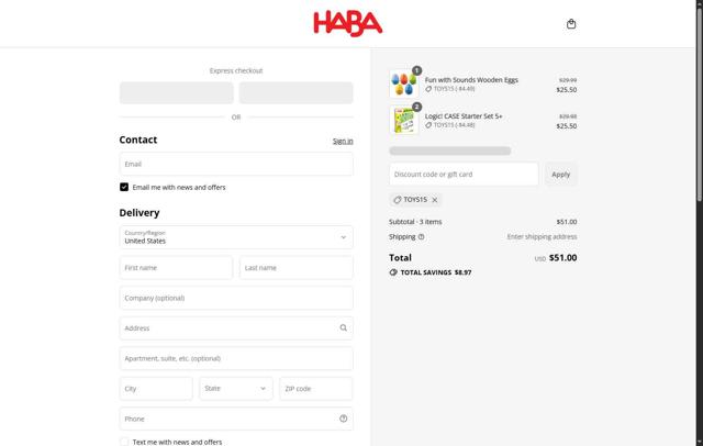 Haba checkout page showing Haba promo code box | Screenshot taken by SimplyCodes community member on Sep 11, 2025
