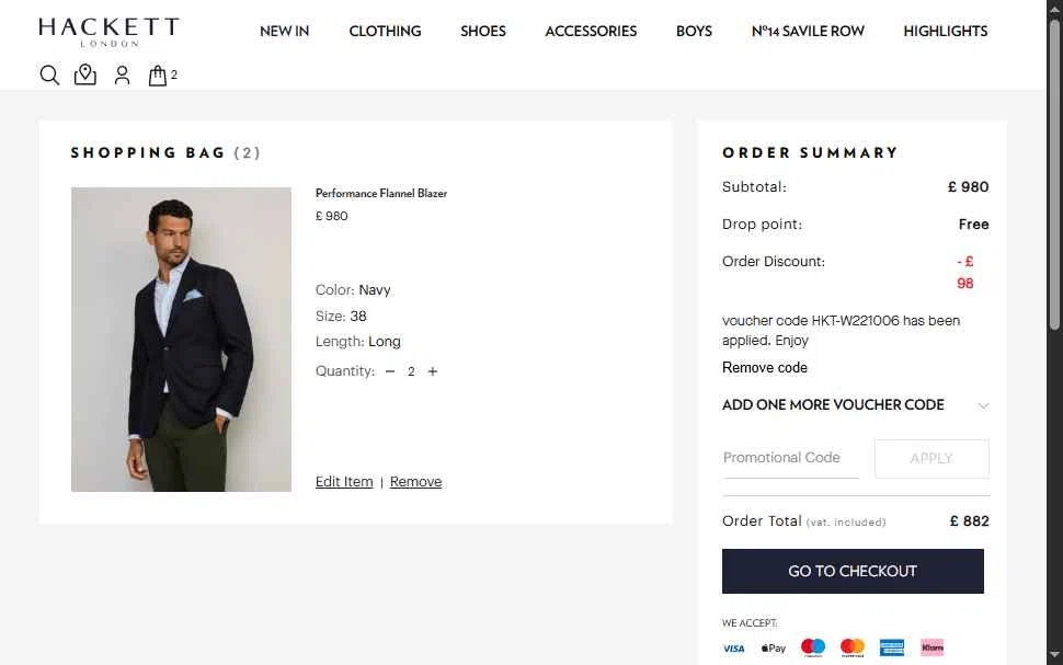 Hackett checkout page showing Hackett promo code box | Screenshot taken by SimplyCodes community member on Oct 6, 2025