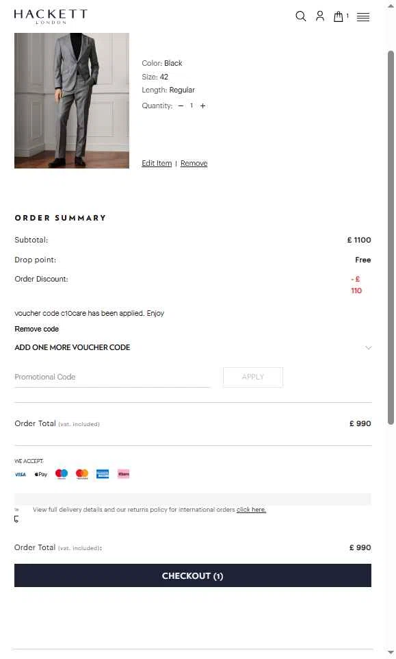 Hackett checkout page showing Hackett promo code box | Screenshot taken by SimplyCodes community member on Sep 16, 2025