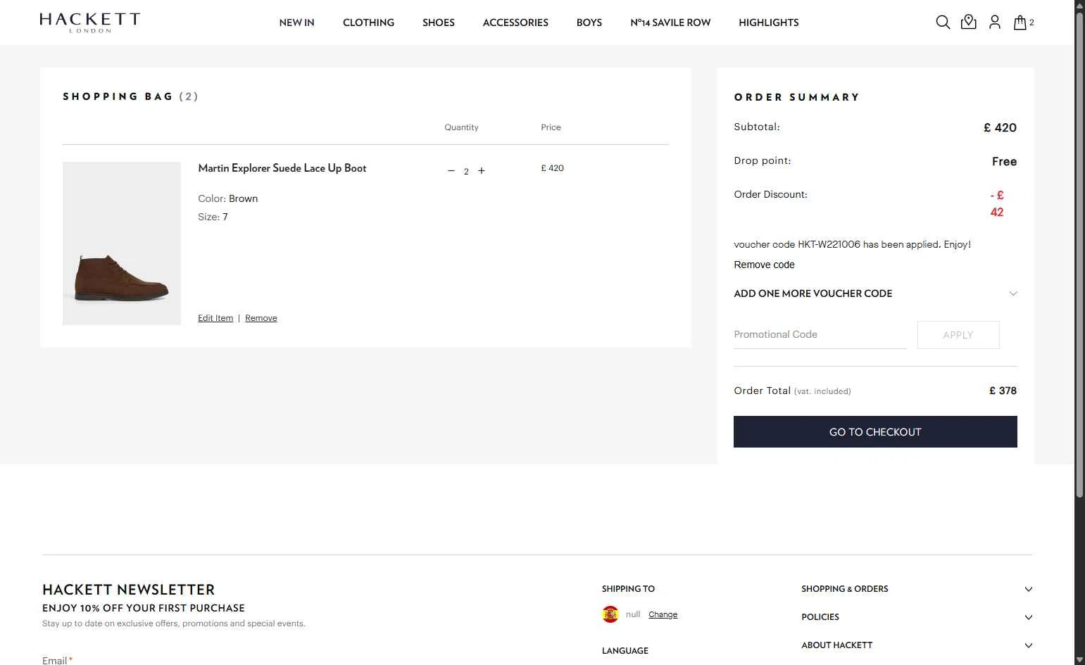 Hackett checkout page showing Hackett promo code box | Screenshot taken by SimplyCodes community member on Nov 4, 2025