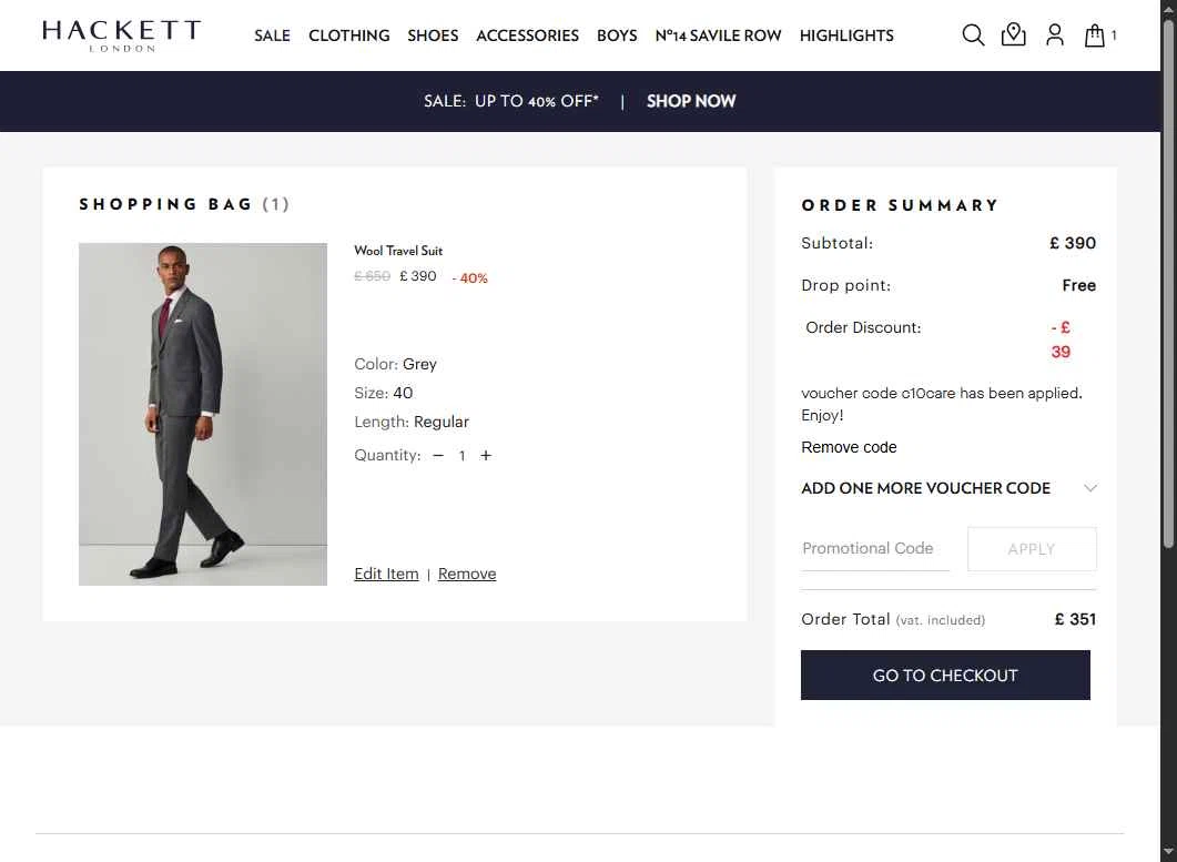 Hackett checkout page showing Hackett promo code box | Screenshot taken by SimplyCodes community member on Dec 27, 2025