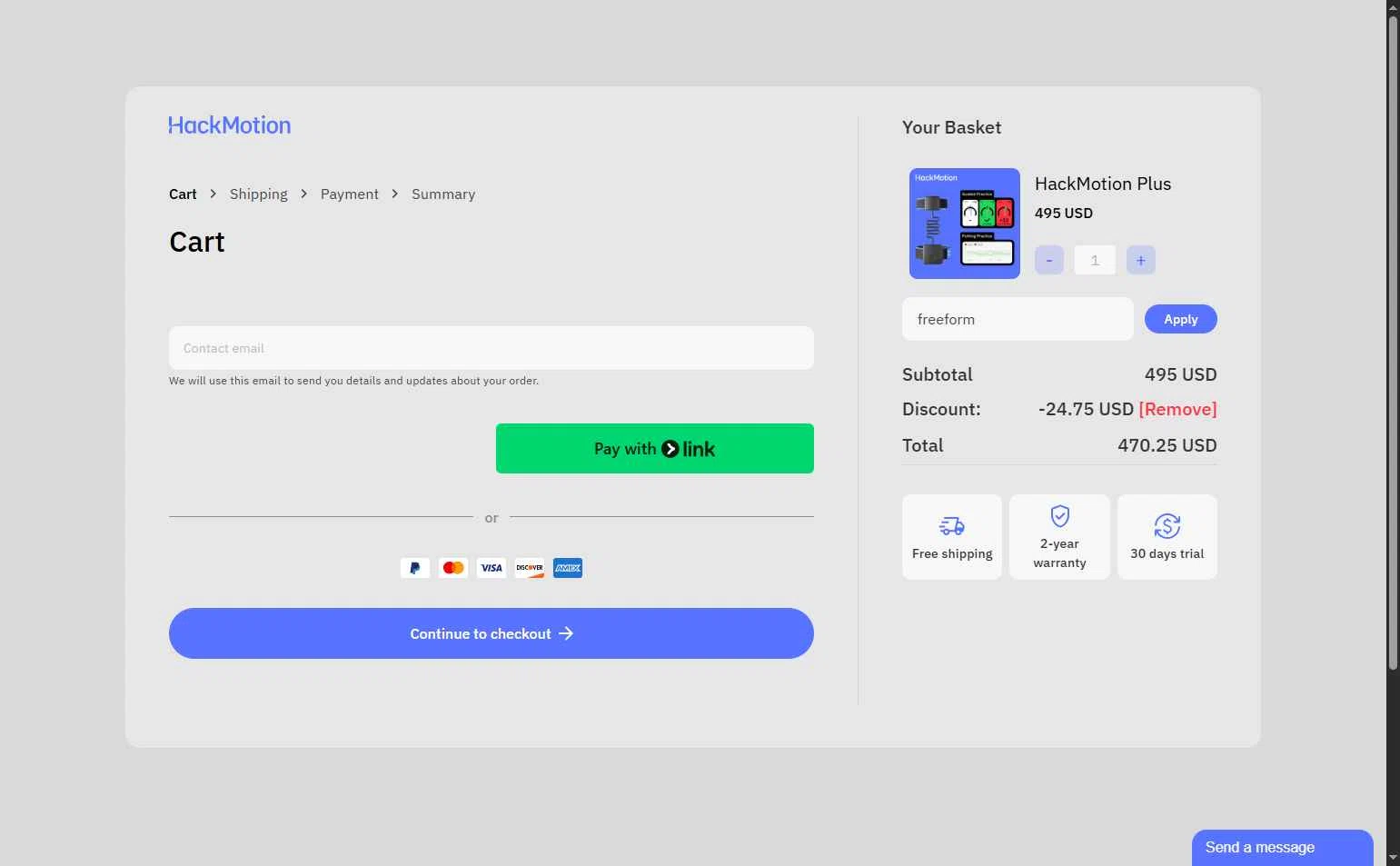 HackMotion checkout page showing HackMotion discount code box | Screenshot taken by SimplyCodes community member on Feb 9, 2026