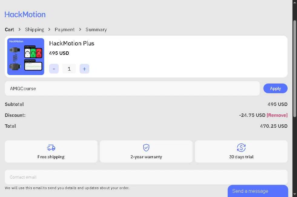 HackMotion checkout page showing HackMotion discount code box | Screenshot taken by SimplyCodes community member on Feb 1, 2026