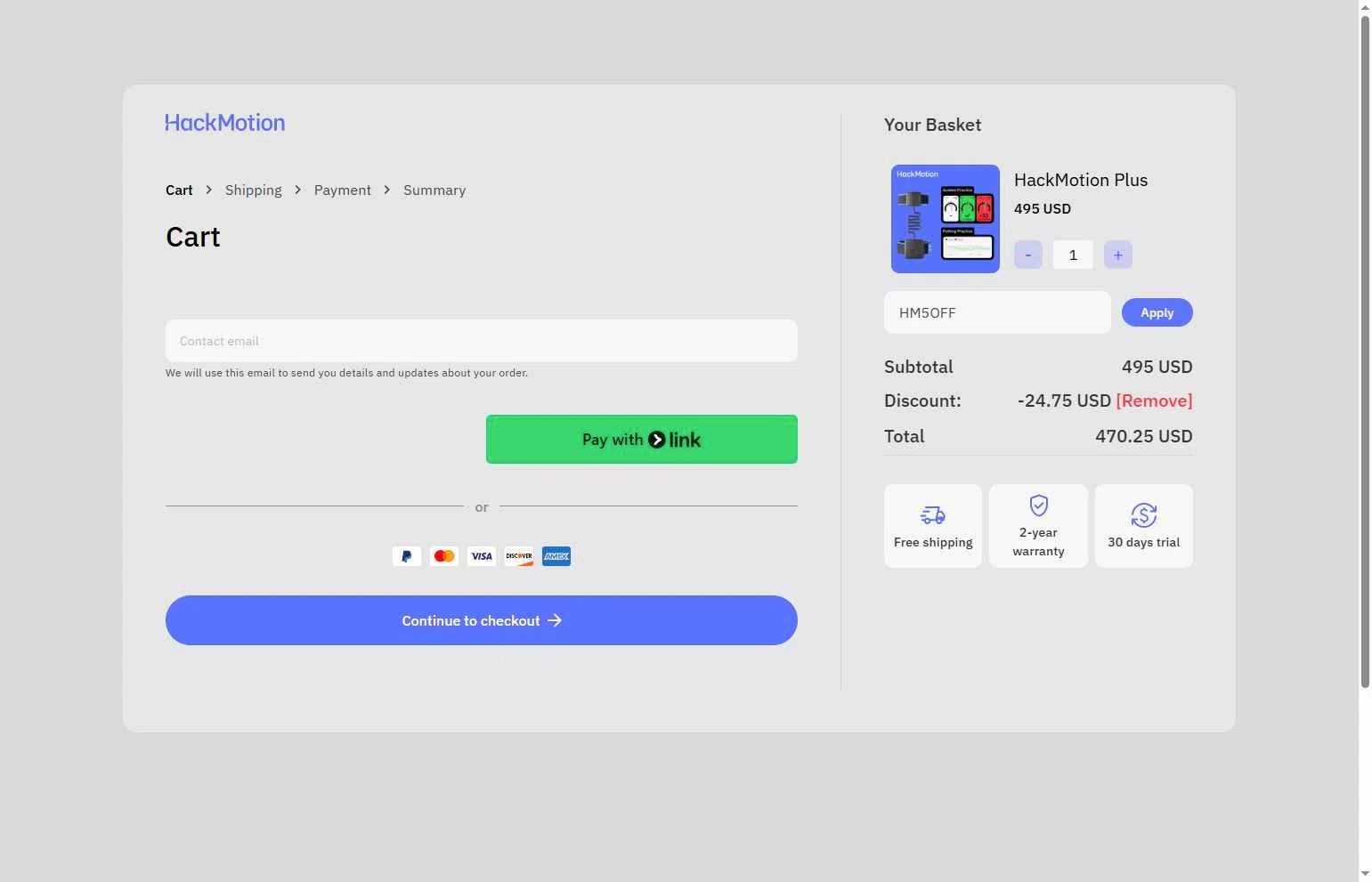 HackMotion checkout page showing HackMotion discount code box | Screenshot taken by SimplyCodes community member on Feb 20, 2026