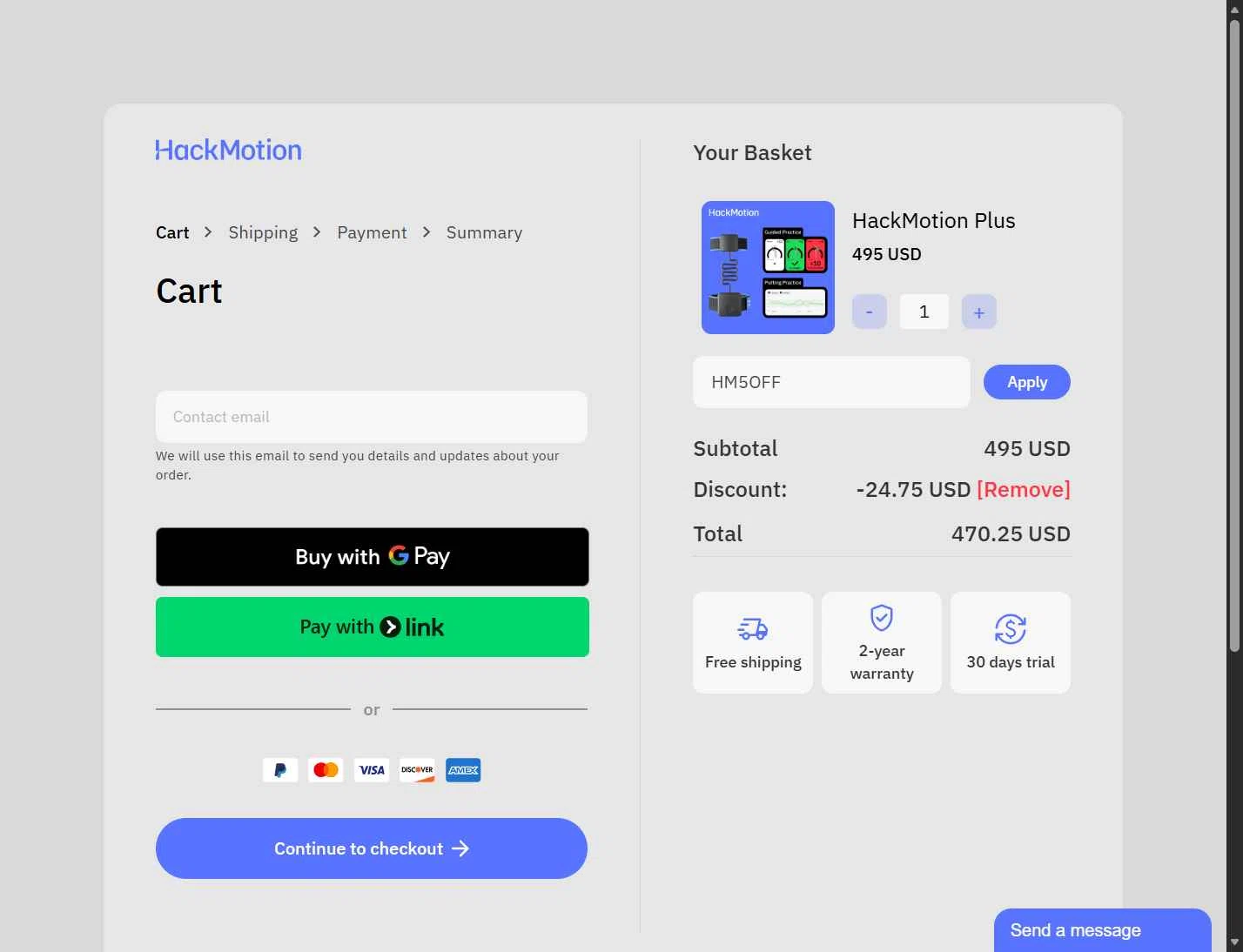 HackMotion checkout page showing HackMotion discount code box | Screenshot taken by SimplyCodes community member on Feb 20, 2026