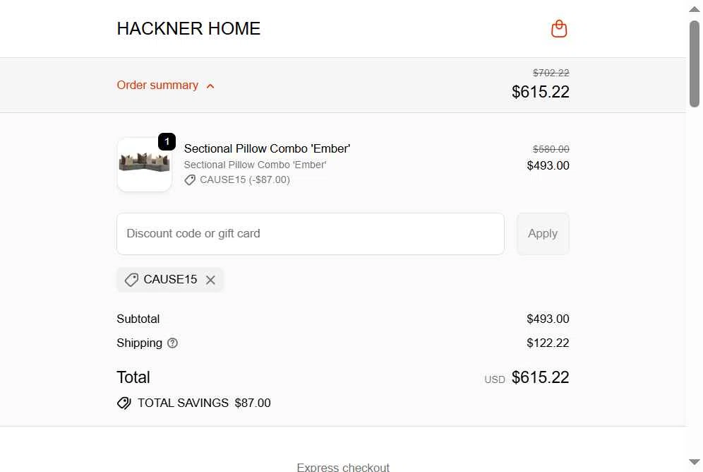 Hackner Home checkout page showing Hackner Home coupon code box | Screenshot taken by SimplyCodes community member on Jan 11, 2026