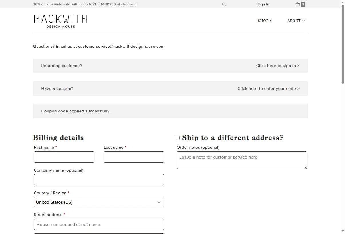 Hackwith Design House checkout page showing Hackwith Design House coupon code box | Screenshot taken by SimplyCodes community member on Nov 22, 2025
