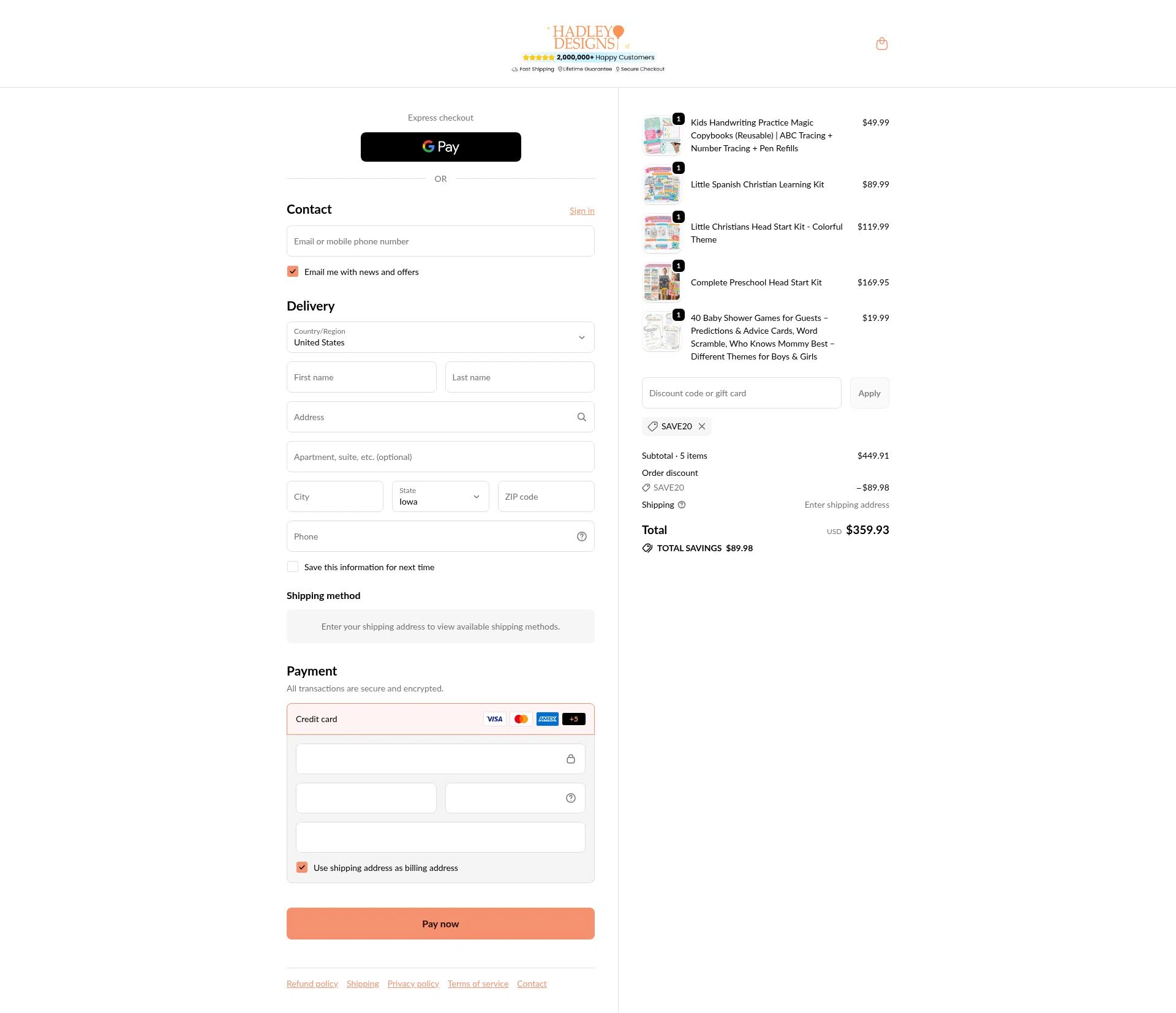 Hadley Designs checkout page showing Hadley Designs discount code box | Screenshot taken by SimplyCodes community member on Feb 10, 2026