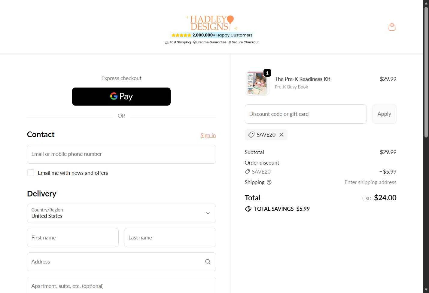 Hadley Designs checkout page showing Hadley Designs discount code box | Screenshot taken by SimplyCodes community member on Jan 23, 2026