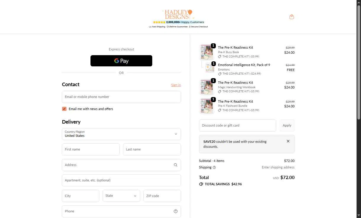 Hadley Designs checkout page showing Hadley Designs discount code box | Screenshot taken by SimplyCodes community member on Jan 27, 2026