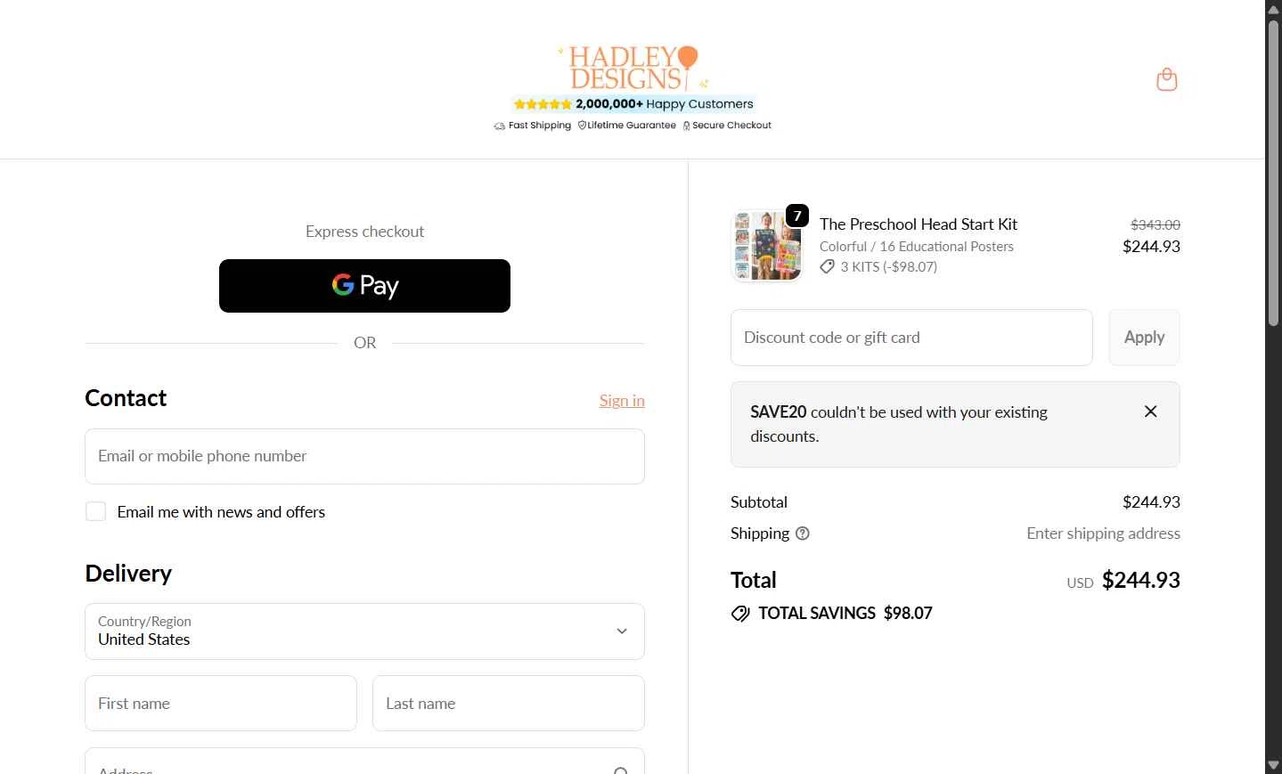 Hadley Designs checkout page showing Hadley Designs discount code box | Screenshot taken by SimplyCodes community member on Jan 23, 2026