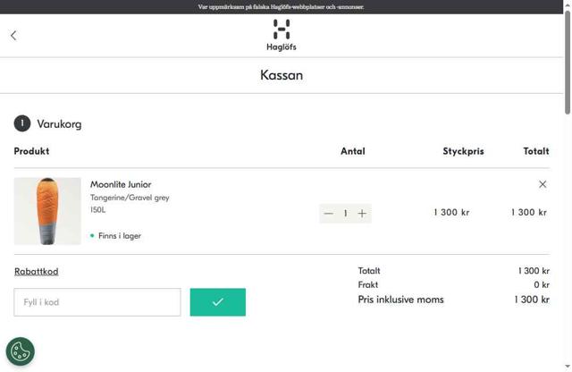 Haglöfs checkout page showing Haglöfs promo code box | Screenshot taken by SimplyCodes community member on Jun 28, 2025