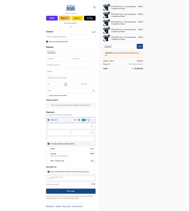 Hail Protector checkout page showing Hail Protector discount code box | Screenshot taken by SimplyCodes community member on Sep 1, 2025