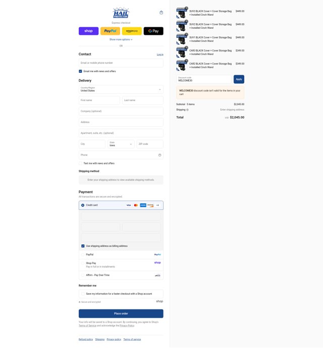 Hail Protector checkout page showing Hail Protector discount code box | Screenshot taken by SimplyCodes community member on Sep 1, 2025