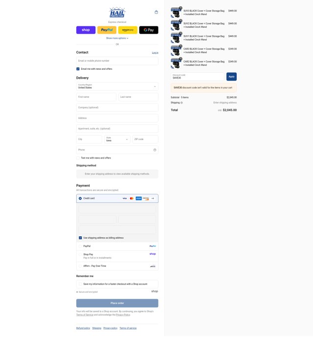 Hail Protector checkout page showing Hail Protector discount code box | Screenshot taken by SimplyCodes community member on Sep 1, 2025