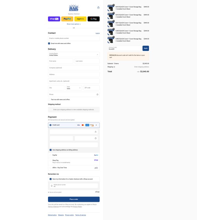 Hail Protector checkout page showing Hail Protector discount code box | Screenshot taken by SimplyCodes community member on Aug 28, 2025