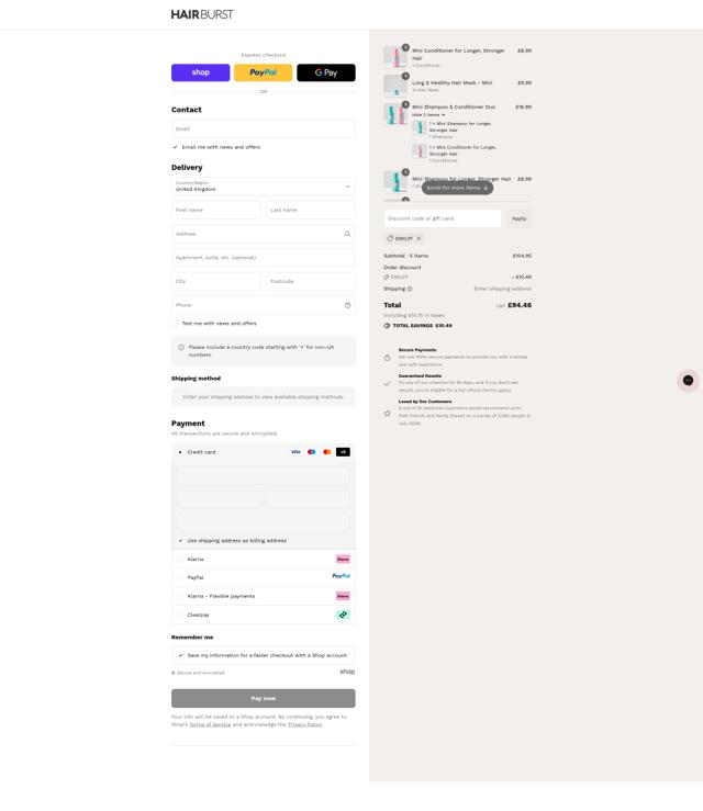 Hairburst checkout page showing Hairburst discount code box | Screenshot taken by SimplyCodes community member on Sep 11, 2025